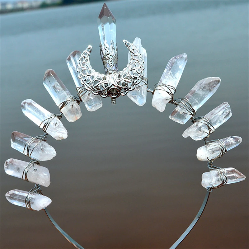 Crystal Crown Tiara Natural White Transparent Crystal Bridal Headwear Hollow Moon Party Gift Witchcraft Jewelry Hair Accessories