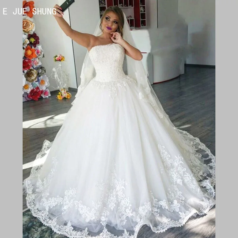 E jue shung branco strapless princesa vestidos de casamento apliques rendas até voltar vestidos de casamento dubai vestidos de noiva robe de soiree