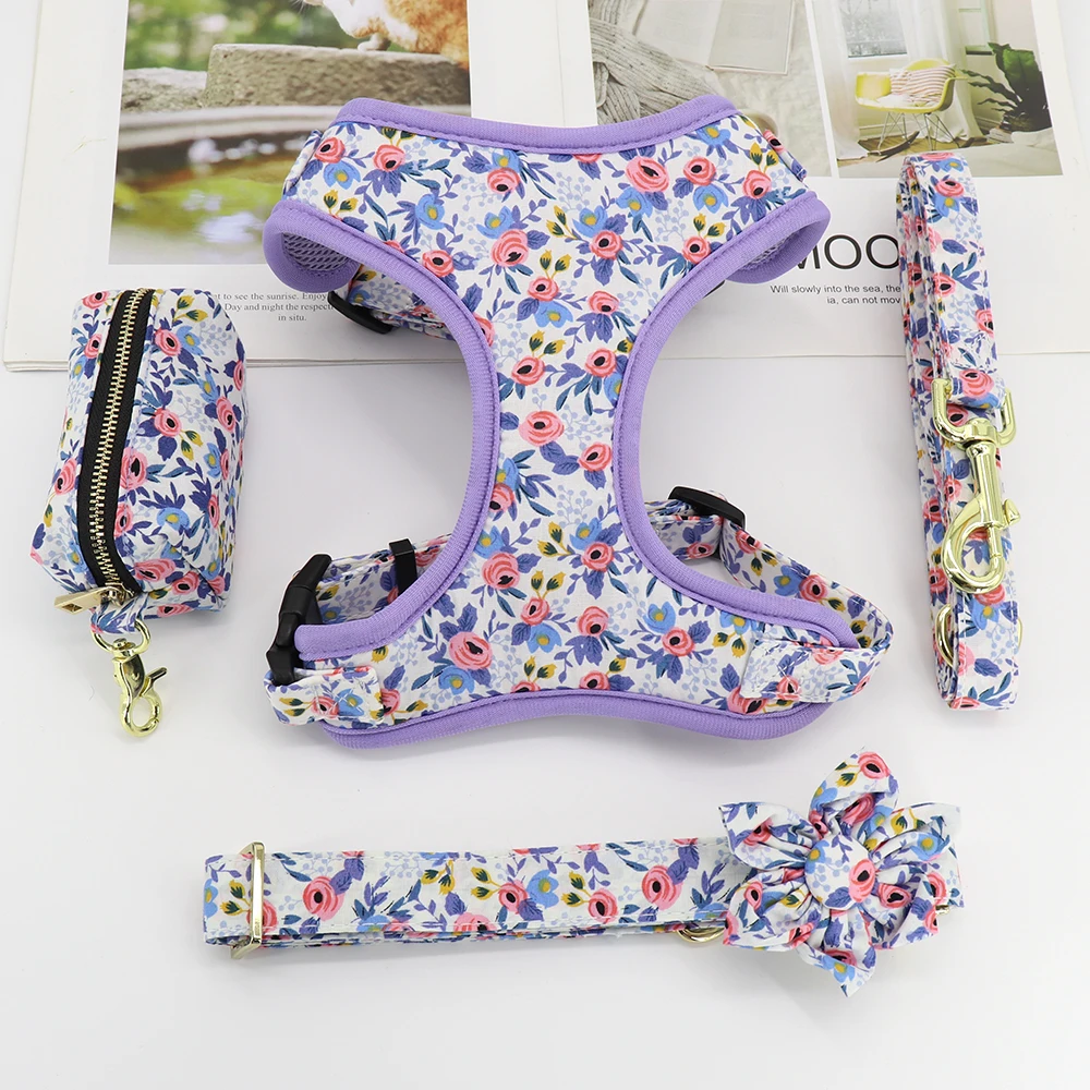 3pcs/Set Personalized Dog Collar Leash Harness Treats Bag Floral Pet Engraved Collar Poop Bag Holder For Small Medium Large Dog