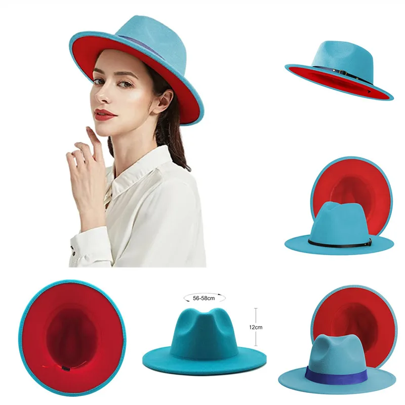 Women Winter Patchwork Wide Brim Fedora Hats With Belt Men Two Tone Dress Hat Felt Panama Hat in Two Audlt Size