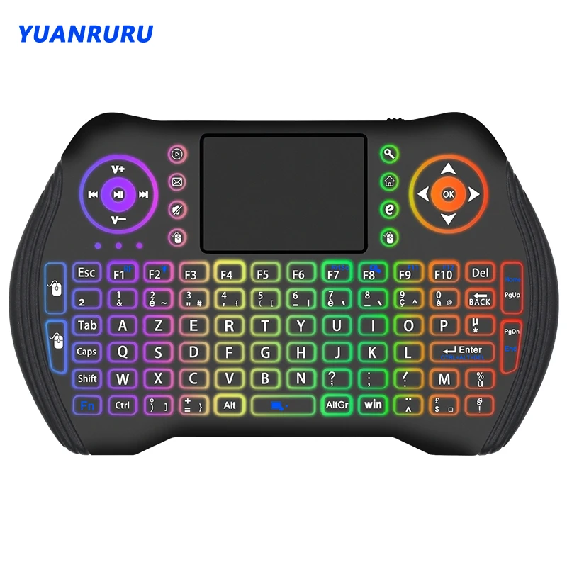 Bezprzewodowa klawiatura kolor 2.4GHz Mini bezprzewodowa klawiatura z podświetleniem francuski Air Mouse Touchpad do trzymania TV, pudełko Mini PC18