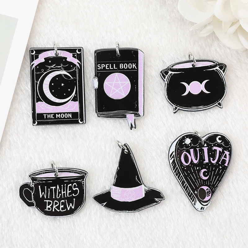 12Pcs Pastel Goth Black Witchy Charms Spooky Creative Acrylic Cauldron Planchette Pendant For Earring Necklace Diy Making