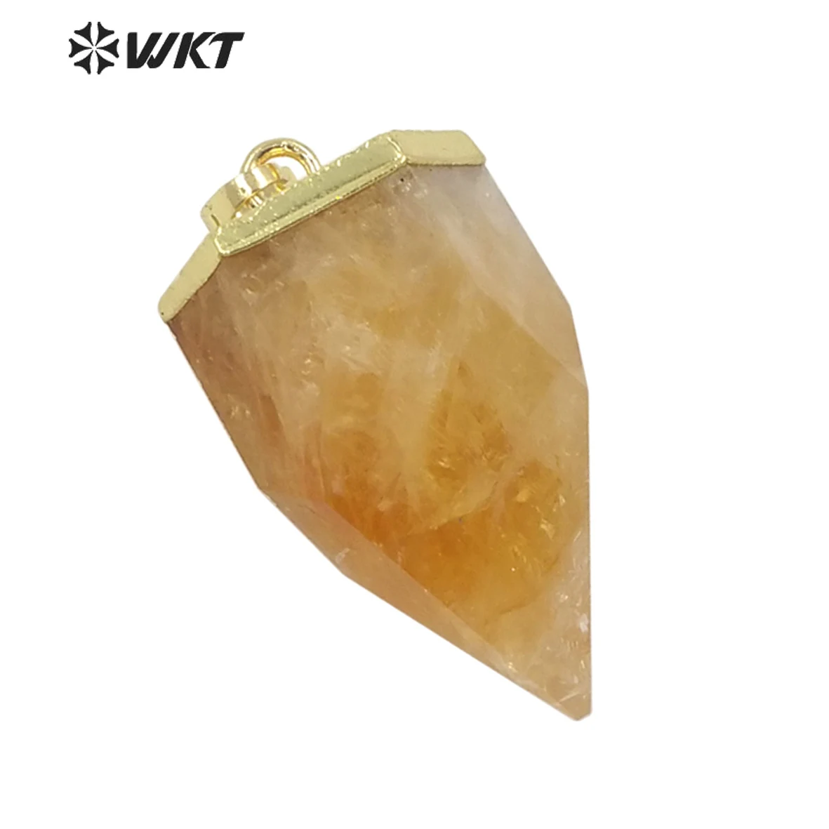 

WT-P1629 WKT Precious Natural Yellow Citrines Quartz Point Pendant Gold Plated Top Bullet Shape Spirit Stone Necklace Decoration