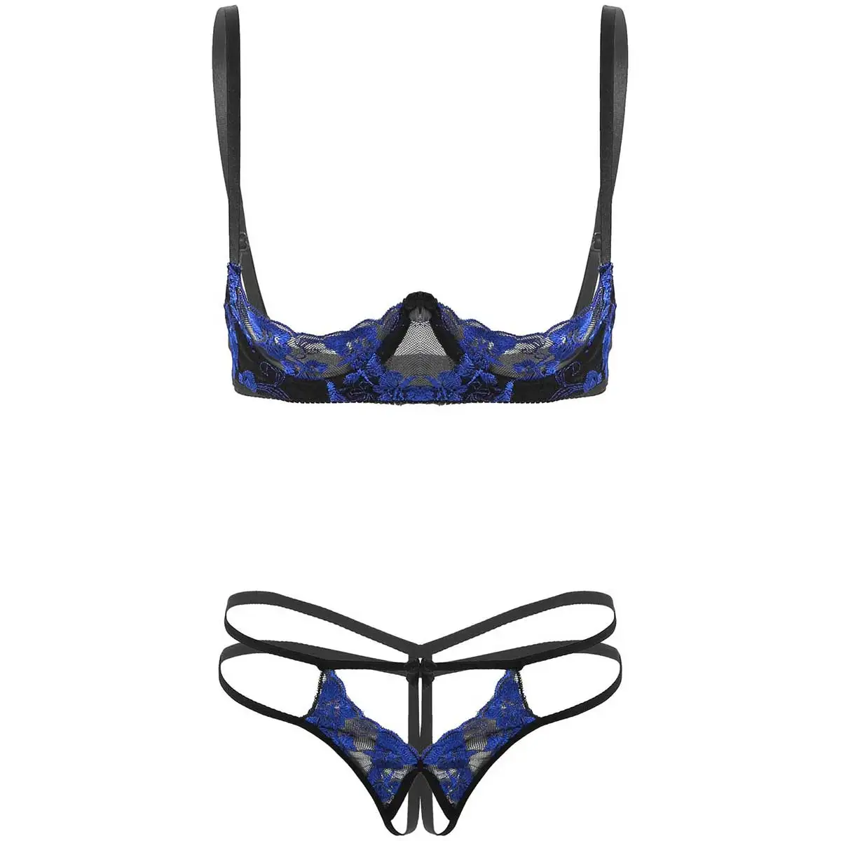 

iiniim Womens Femme Erotic Lace Lingerie Set Exposed Breasts Underwire Open Cup Bra Top with Crotchless Open Crotch Sissy Briefs