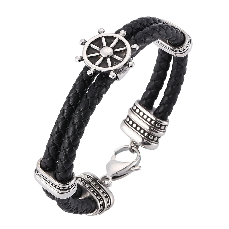 Rudder Steel Punk Men Bracelet Black Leather Woven Lobster Clasp Leather Bracelet Rope Bangles Fashion Men's Gift BB0176