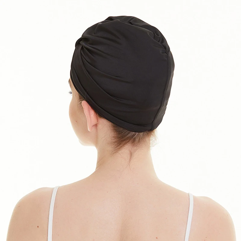 Women Fabric Swimming Cap Water Sports Swim Pool Long Hair Female High Elastic Bathing Caps Hat Dual Layer Stretchy Nylon Turban