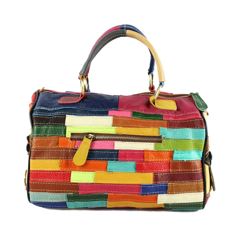 Borsa a mano in pelle di mucca patchwork floreale per donna 2024 Borsa a tracolla Bowler Boston multicolore in vera pelle di qualità femminile