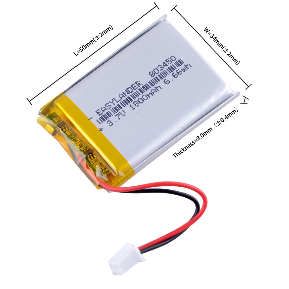 

803450 3.7V 1800mAh JST2.54 2P Rechargeable Lithium Li-ion Polymer Battery For MP3 DVD PAD camera GPS laptop mobile phone