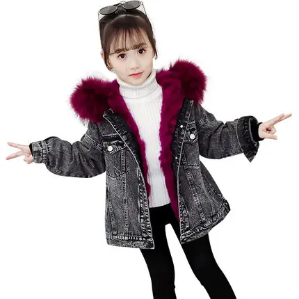 Girls Trendy Detachable Denim Coat Fall Winter Children's Fur Wadded Jacket Overcoat Kids Removable Liner Outerwear P285