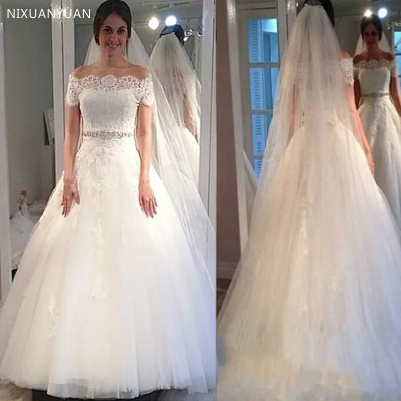 

Off The Shoulder Short Sleeves Beading Belt Ball Gowns Wedding Dress with Lace Applique Elegant Tulle Bridal Dress