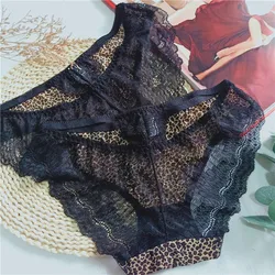 Sexy Leopard Print Lace Transparent Underwear Women Hollow Underwear Comfortable Cotton Crotch High Waist Size Women Soft Underw