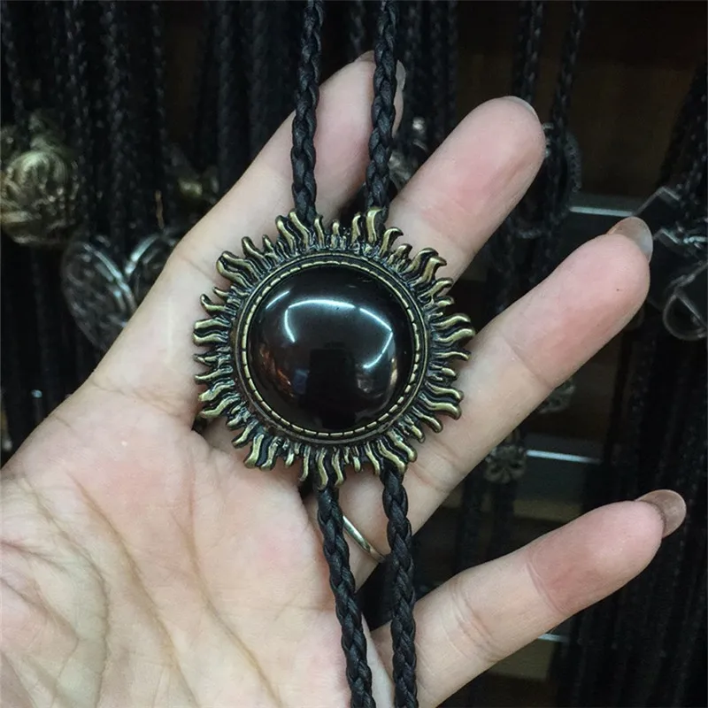 Bolo tie Retro shirt chain Imitation of obsidian sun Poirot tie rope leather necklace Long tie hang