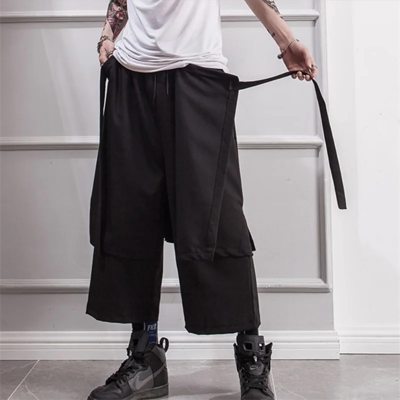 

Men's spring/summer slacks wide-leg pants nine-minute pants men's skirt pants fake two plus-size hip hop yamamoto style