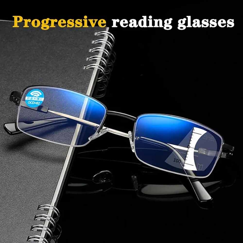 Progressive Herren-Brillengestell, multifokale Lesebrille, Anti-Blaulicht-Brille, Nah-Fernsicht-Glasse Previousadras de Metal + 4 – Detail 1