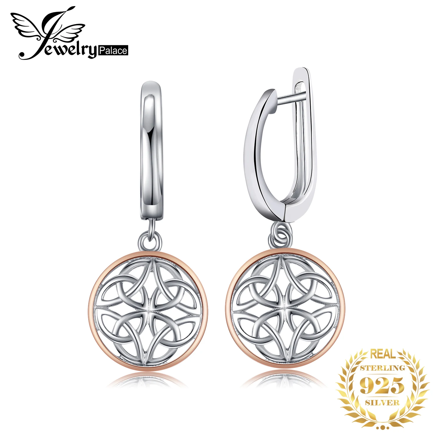 JewelryPalace Celtic Knot Irish Rose Gold 925 Sterling Silver Hoop Drop Earrings for Women Fashion Circle Huggies Earrings