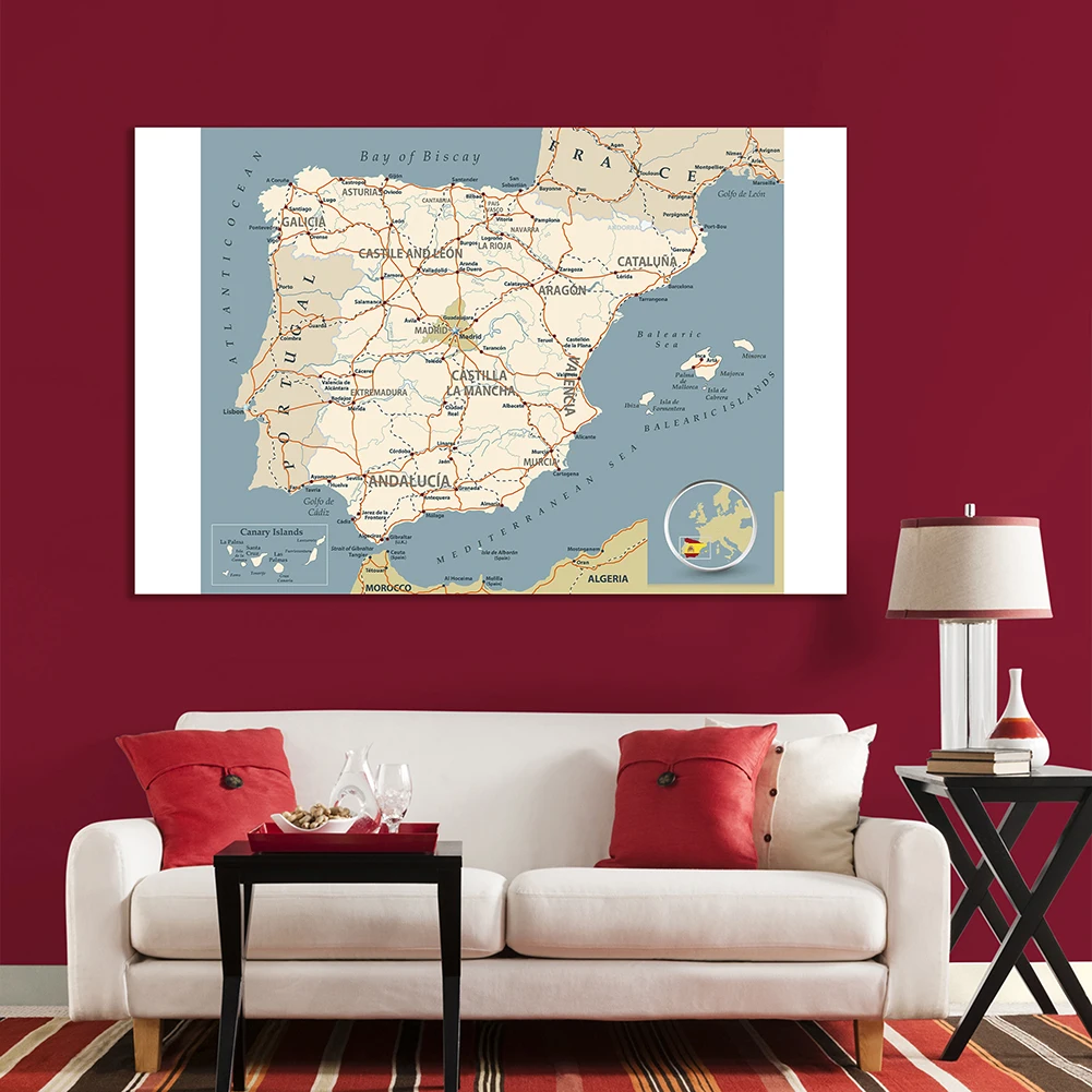 225*150 Cm Die Spanien Straße Netzwerk Karte Nicht-woven Leinwand Malerei Wand Kunst Poster Hause Dekoration Schule liefert