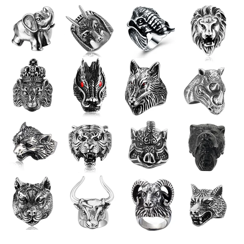 Personality Animal Dragon Elephant Lion Tiger Wolf Rings for Men Stainless Steel Cool Biker Ring Fashion Jewelry Accessories