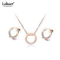 Lokaer Stainless Steel Round Circle Mosaic Shiny CZ Crystal Necklace Earrings Bridal Sets For Women Wedding Bands Jewelry SE026