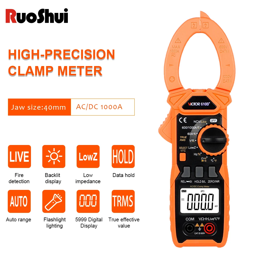 Digital Clamp Multimeter AC DC Current Amperometric Tester 6000 Counts Auto Range Voltmeter True RMS Voltage Ohm Frequency Meter