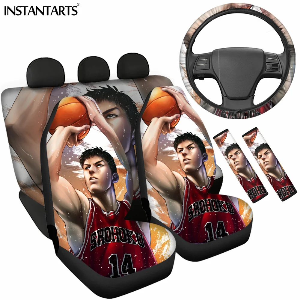 

INSTANTARTS Anime Basketball Print Car Seat Covers Full Set Easy Clean Steering Wheel Cover Breathable Non-slip Seat Belt Covers