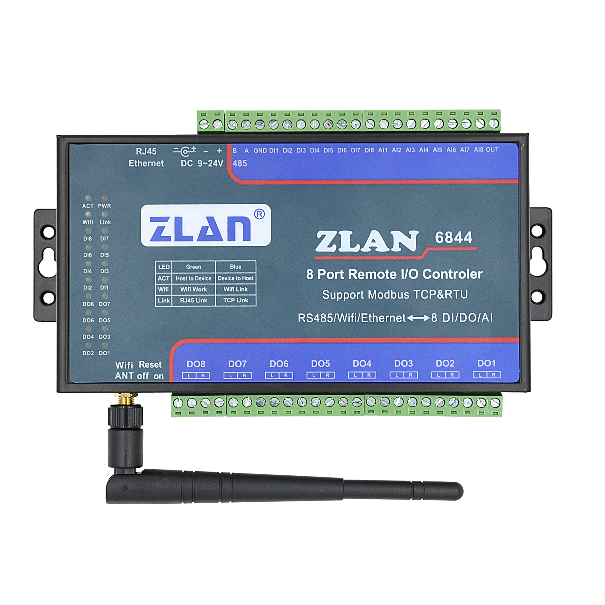 ZLAN6844 8 channel AI DI DO WIFI + LAN + Modbus TCP RTU i/o module Remote IO Controller data collector