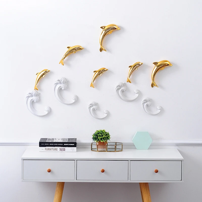 Modern Ceramic Dolphin Wave Wall Mural Ornaments Home Livingroom Wall Sticker Crafts Hotel Porch Lobby Wall Hanging Decoration