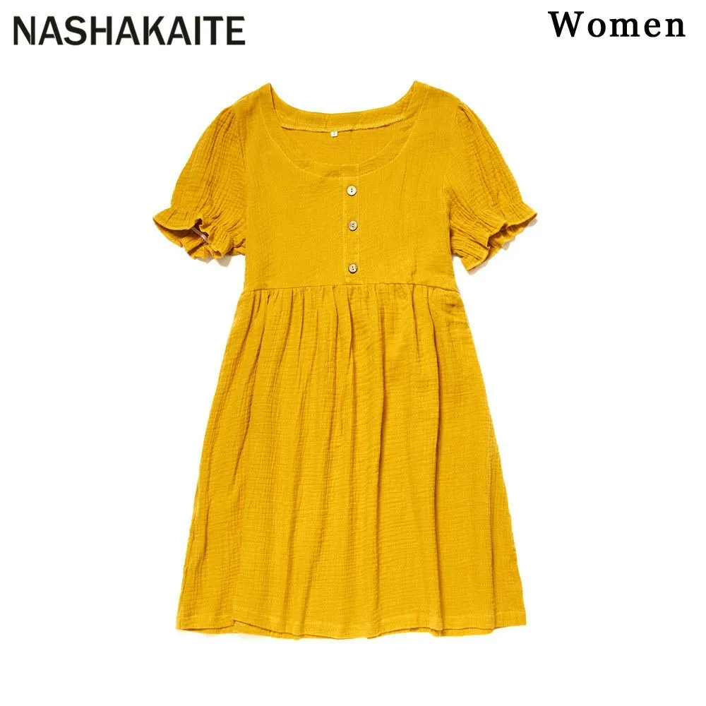 NASHAKAITE  Family Look Mother and daughter clothes Solid Ginger Button Deco Mom and Daughter Dress Same Clothes Family