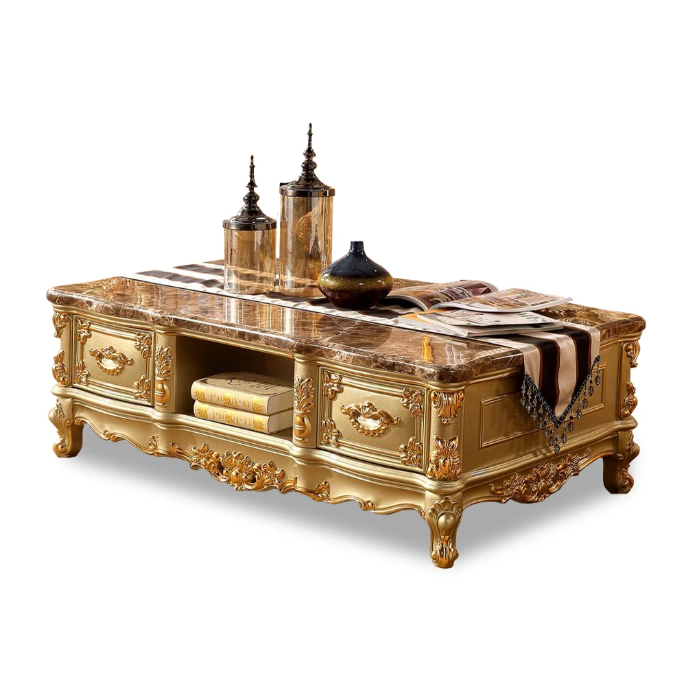 

European-Style Solid Wood Tea Table Champagne Gold Emperador Surface Tea Table Neoclassical 1.5 M Long End Table TV Cabinet Unit