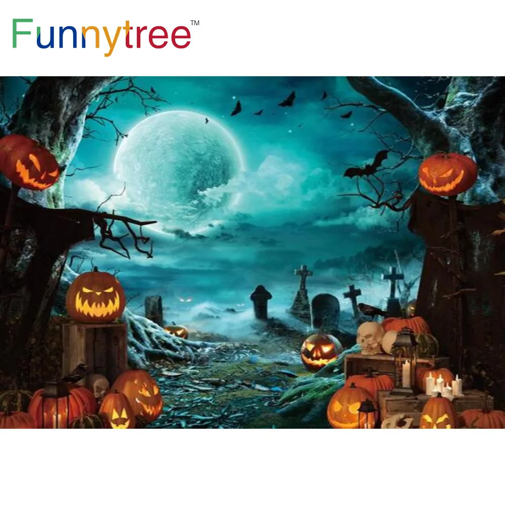 Funnytree Halloween Decor Party Pumpkin Lanterns Background Moon Foggy Night Branches Bats Horrible Tombstone Photocall Backdrop