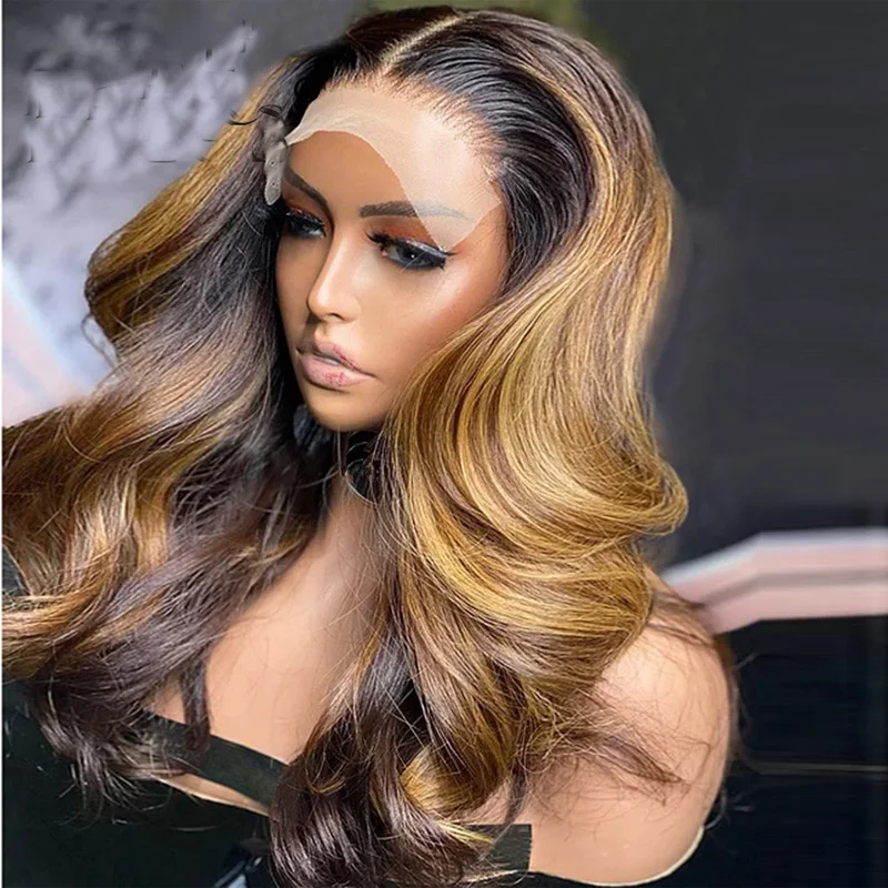 

Brazilian Ombre Honey Blonde With Dark Roots Color Body Wave Wig With Baby Hair Transparent Lace Front Wig Human Hair