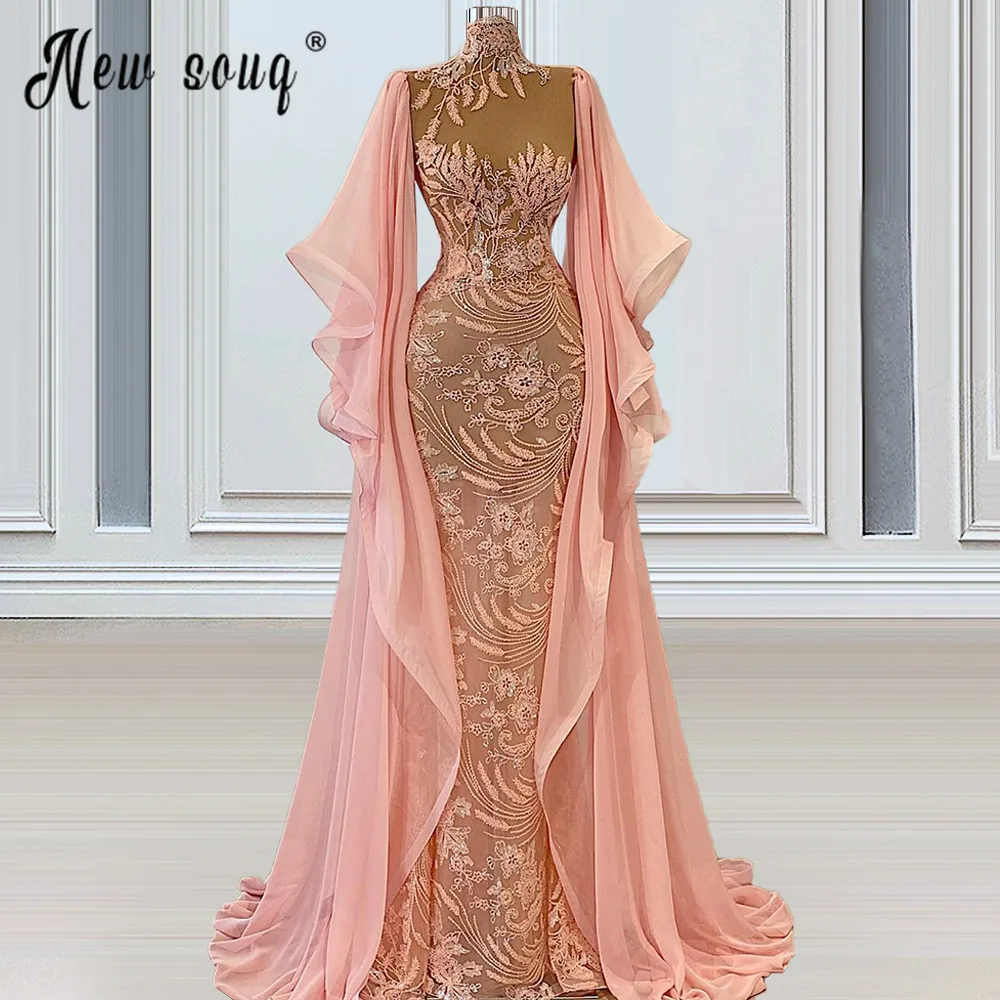 

Two Designs Mermaid Lace Beads Prom Dresses 2024 Long Cape Sleeve Baby Pink Formal Evening Gown robe de soiree Pageant Party