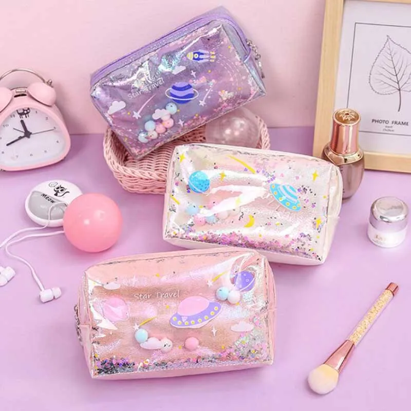 Cute Laser Planet Make Up Bags Women Travel Cosmetic Bag Makeup Case Zipper Handbag Organizer Storage Pouch Toiletry Wash Bag