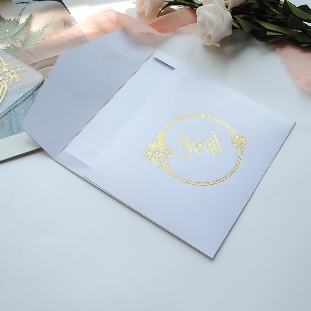 30pcs Printed Acrylic Wedding Invitation Card Gold Foil Clear(Logo on Envelop Need Extra Cost)