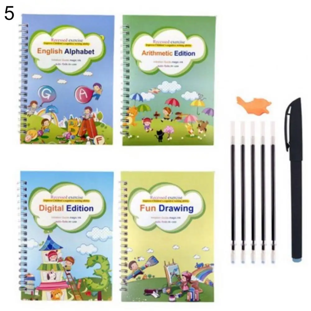 ขายร้อน!!! 4ชิ้นตัวอักษรภาษาอังกฤษหมายเลขเด็กวาด Practice Book Groove Copybook