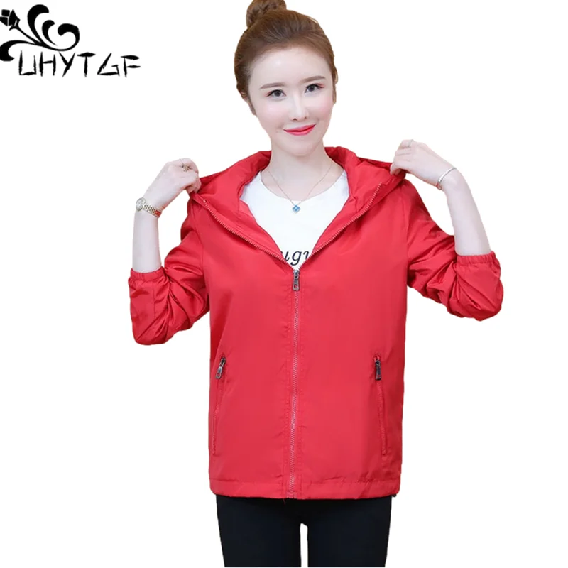 

UHYTGF Women Spring Autumn Jacket Solid Wild Hooded Casual Female Short Coat Zipper Loose Thin 5XL Big Size Tops Outerwear 1345