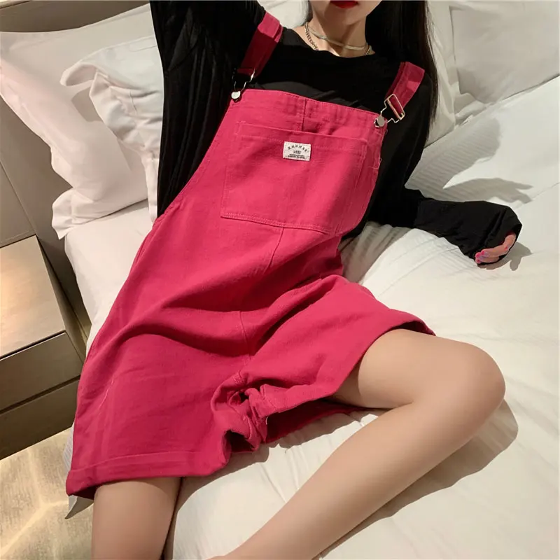 New Lady Rosepink Denim Overalls Jumpsuit Rompers Label Pocket Women Casual Fashion Female Pants Hot