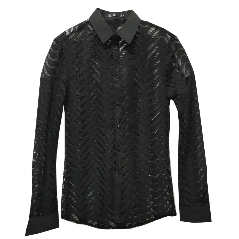 Sexy Transparent Men Long Sleeve Slim Fit Tuxedo Shirt Hollow Camisa Hombre Black White Gothic Party Casual Dress Shirt for Men