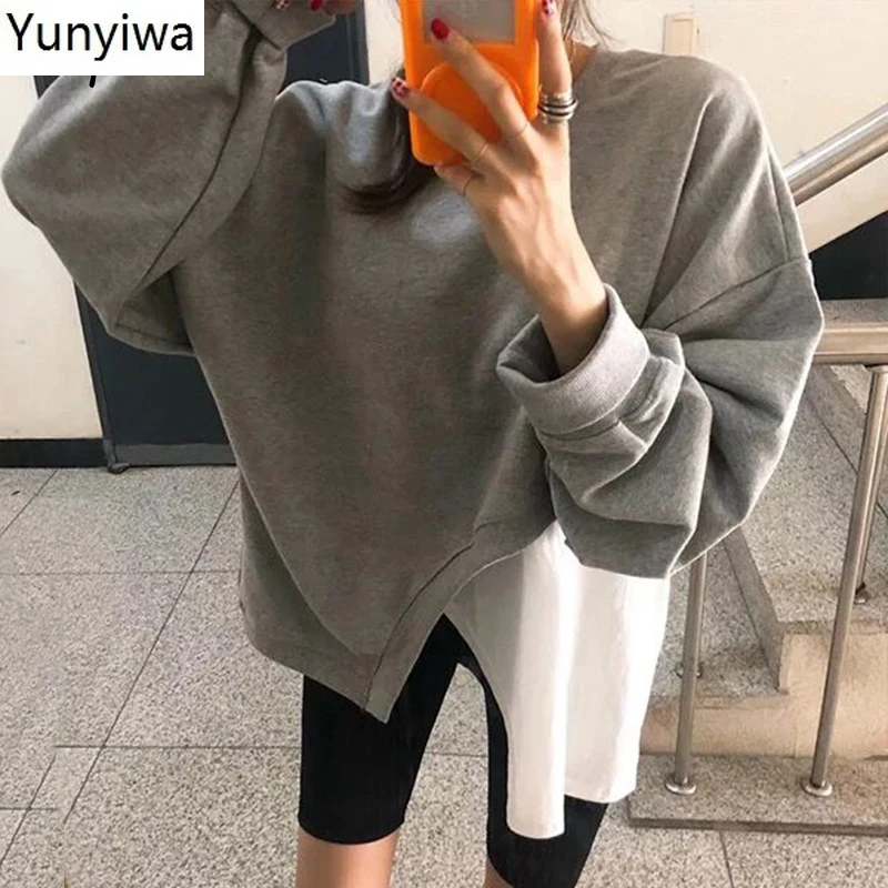 

Panelled Patchwork Hoodies Women Irregular Fake Two Piece Hoody Chic O-neck Lantern Sleeve Simple Femme Tops 1F875