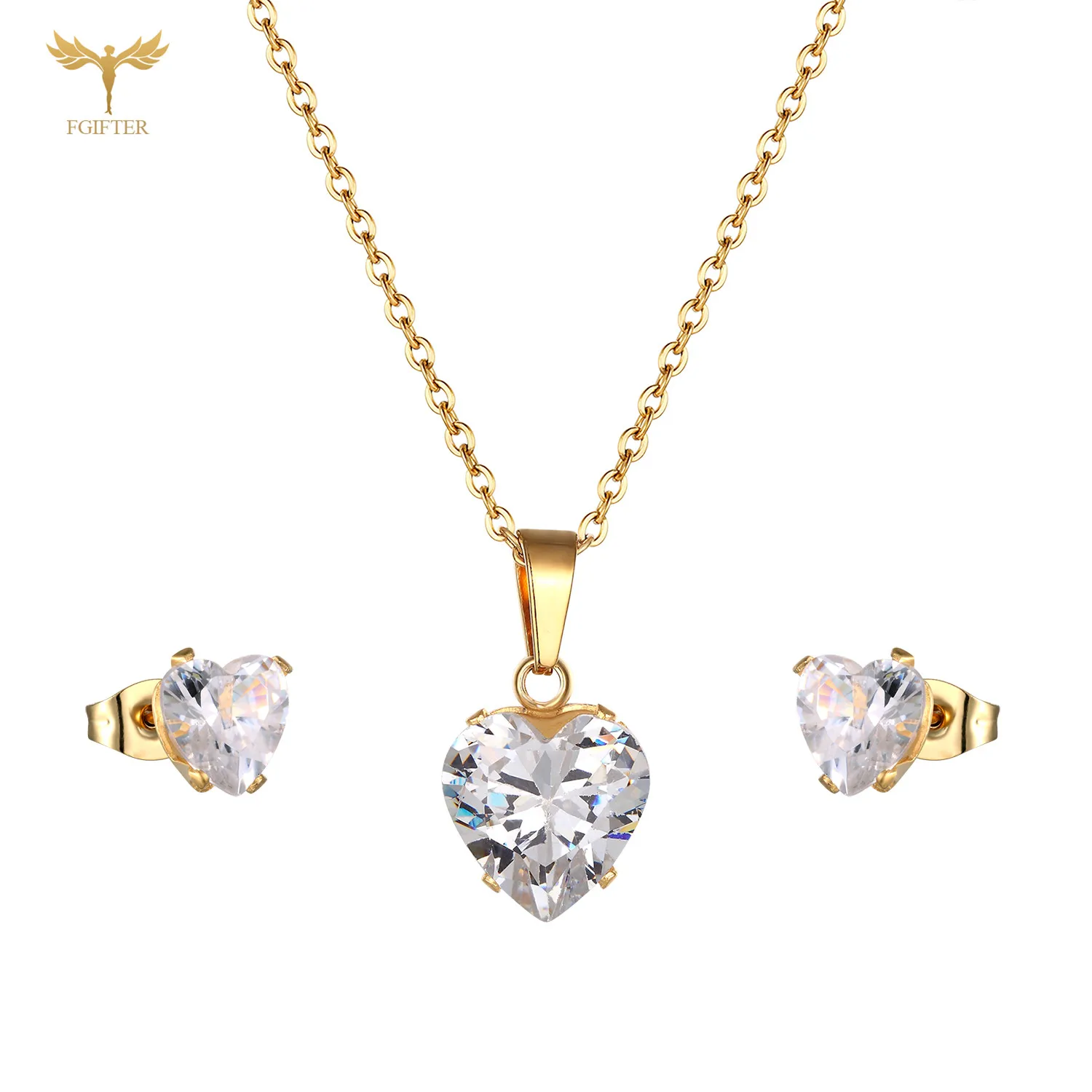 White Zircon Heart Pendant Necklace Heart Stud Earrings Gold Color Stainless Steel Jewelry Set Fashion Women Accessories Gifts