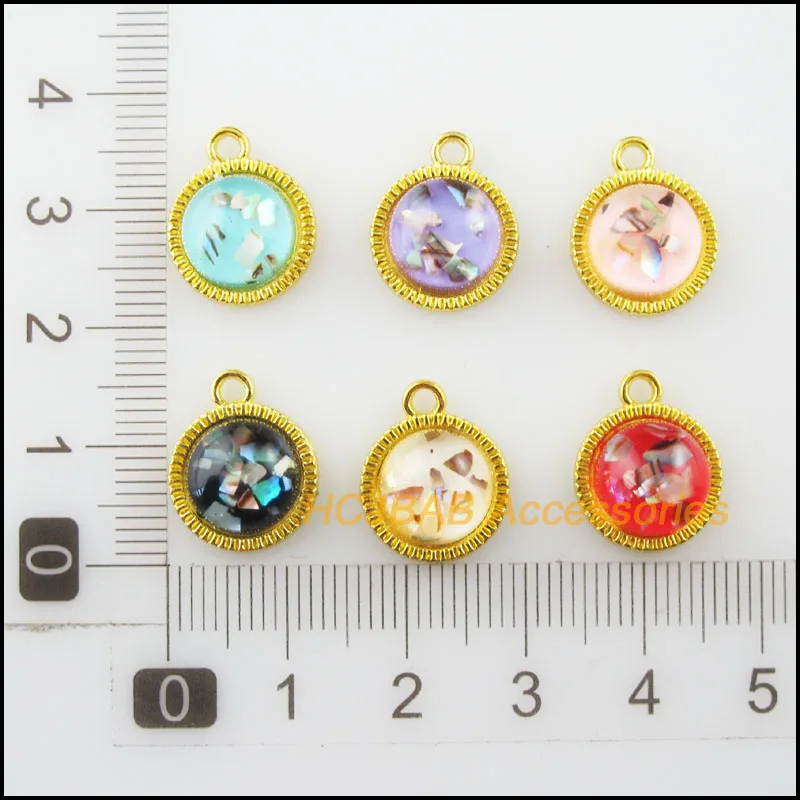 12 New Round Flower Resin Pendants Shivering Mixed Charms Gold Tone 12.5x15.5mm