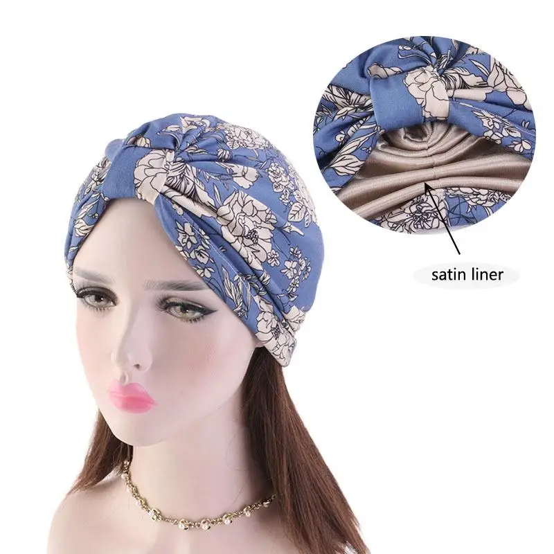 Women Floral Print Hat Muslim Hijab Chemo Cancer Cap Islamic Hair Loss Hat Head Scarf Turban Satin Liner Inner Cap Arab Fashion