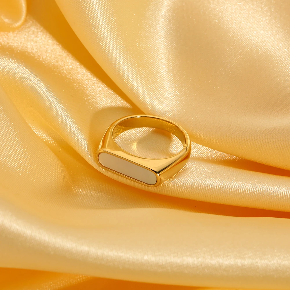 Trendy 18K Gold Plated Stainless Steel Natural Shell Block Rings for Women Square Ring Waterproof Jewelry Bijoux Femme Gift image 6