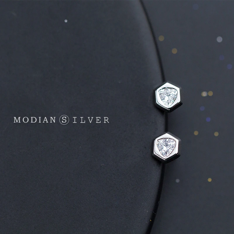 

Modian Hexagon Shape Clear CZ Stud Earrings for Women 100% Real 925 Sterling Silver Minimalism Ear Anti-allergy Jewelry Gifts