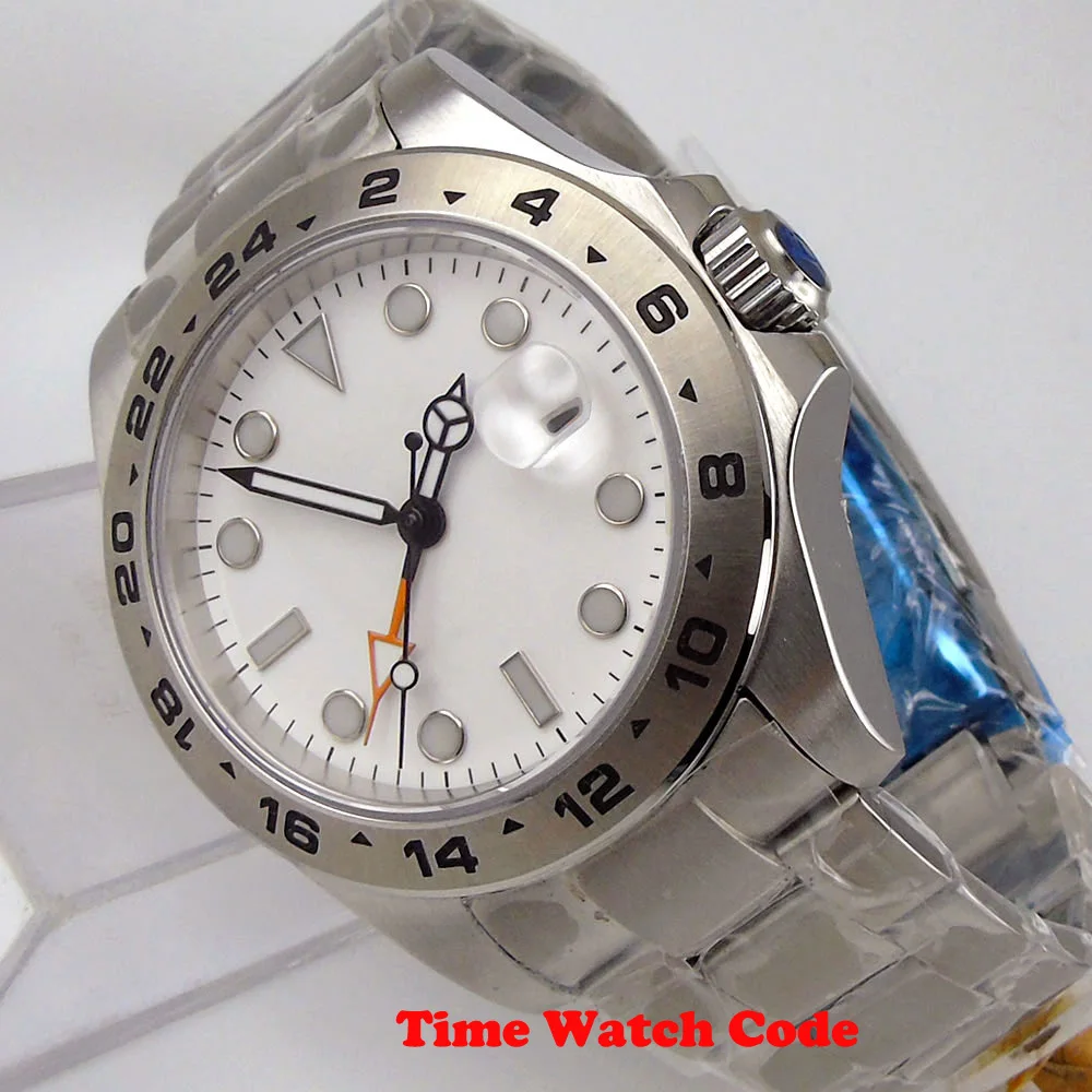 

43mm Automatic Men's Wristwatch GMT Function Date Display White Dial Sapphire Glass 316L Bracelet Luminous Cyclops Brushed