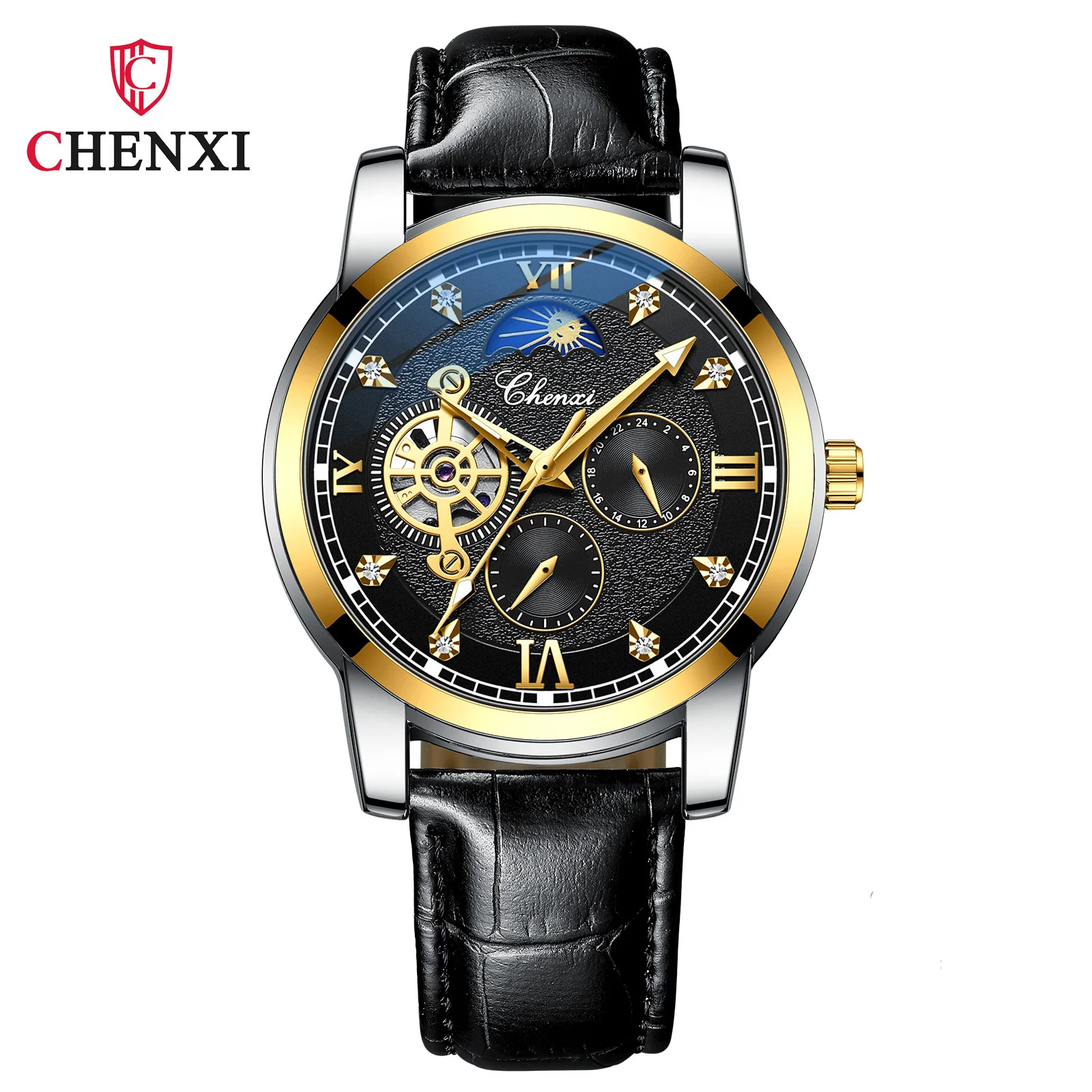 

Luxury Gold Automatic Mechanical Watches Men Stop Watch Black Genuine Leather Moon Phase Men's Wristwatch Gift Clock Top Brand