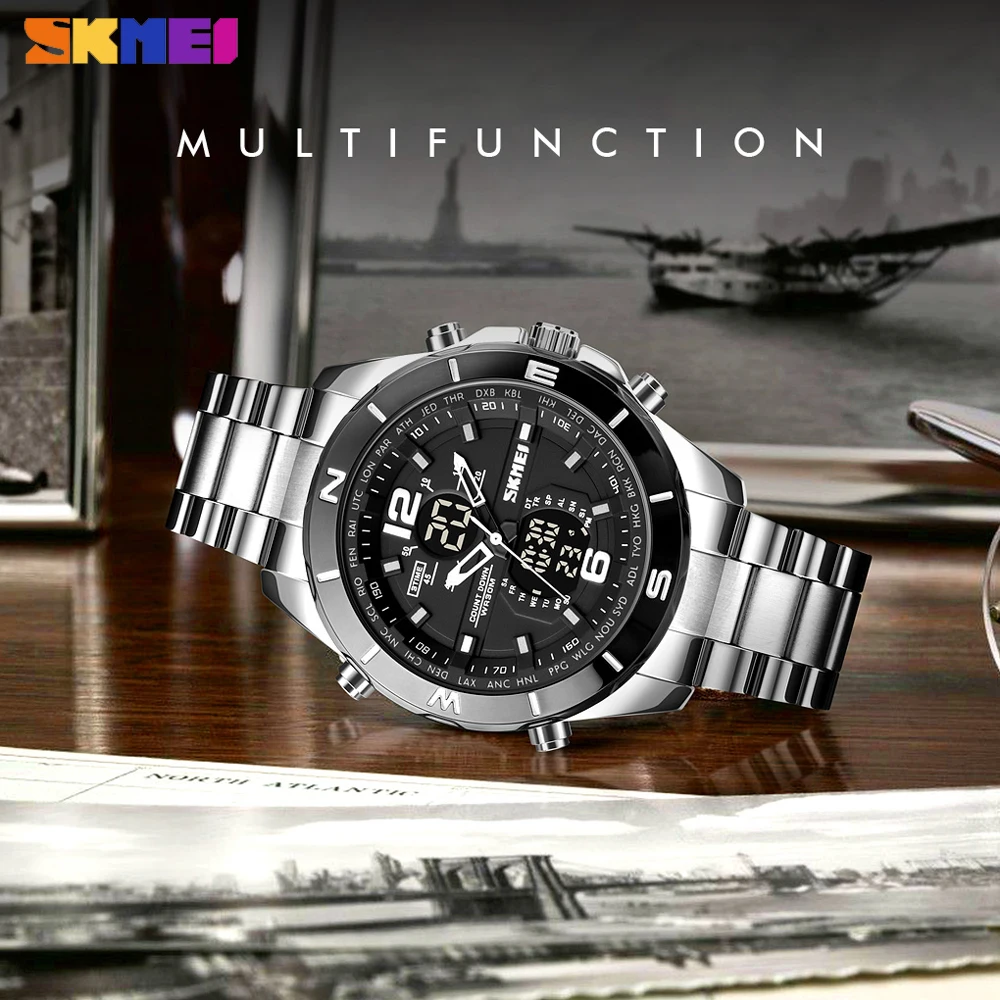 SKMEI Sports Digital Quartz Men's Watch Military 3Time Electronic Chrono Male Wristwatch Stainless Steel Clock Relogio Masculino