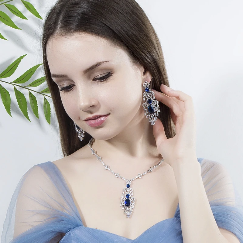 ThreeGraces Luxury Bridal Wedding Banquet Tassel Earrings for Brides Gorgeous Blue Cubic Zirconia Jewelry Accessories Gift ER213