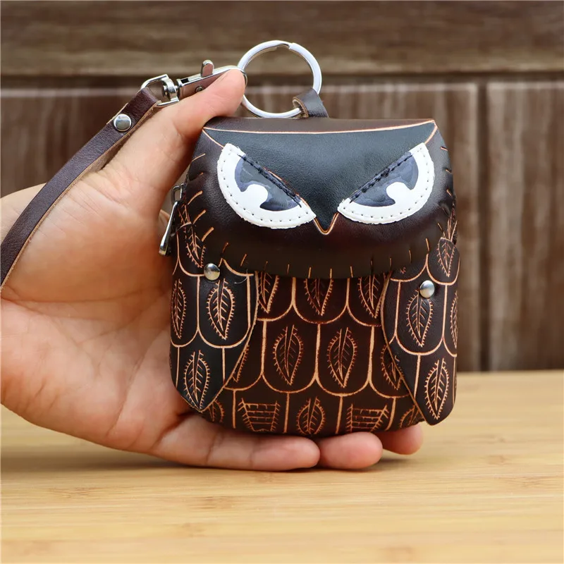 Leather handmade creative owl mini coin purse cowhide card bag key bag hand clamshell children hand carry cartoon animal bag