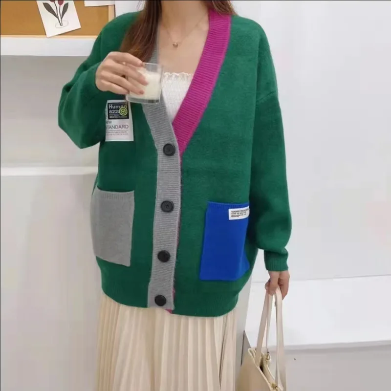 Autumn Winter New Color-Block V Neck Sweater Cardigan Women\'s Korean Loose Outerwear Vintage Knitted Coat Female