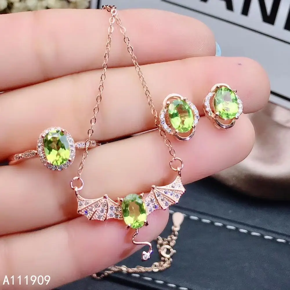 

KJJEAXCMY boutique jewelry 925 sterling silver inlaid Natural Peridot Ring Earring Necklace Women's Set Support detection fine